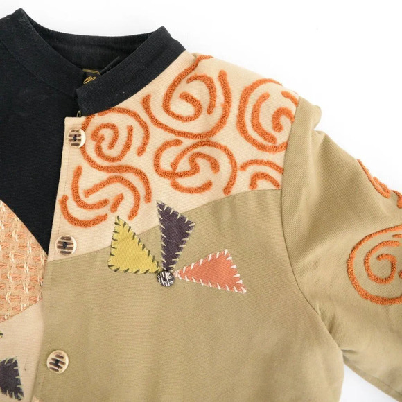 Vintage 90's Allure Tan & Black 100% Cotton Patchwork Brocade Button Up Jacket M - Picture 11 of 14